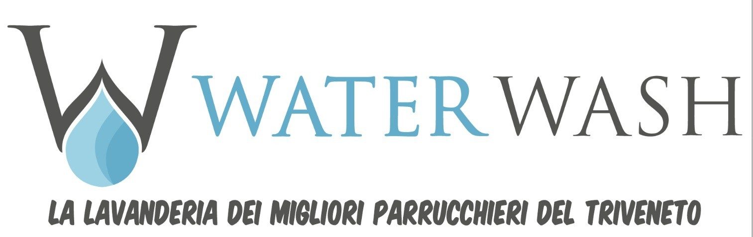 Logo di "Water Wash" con goccia d'acqua e slogan sulla lavanderia di negozi parrocchiali.