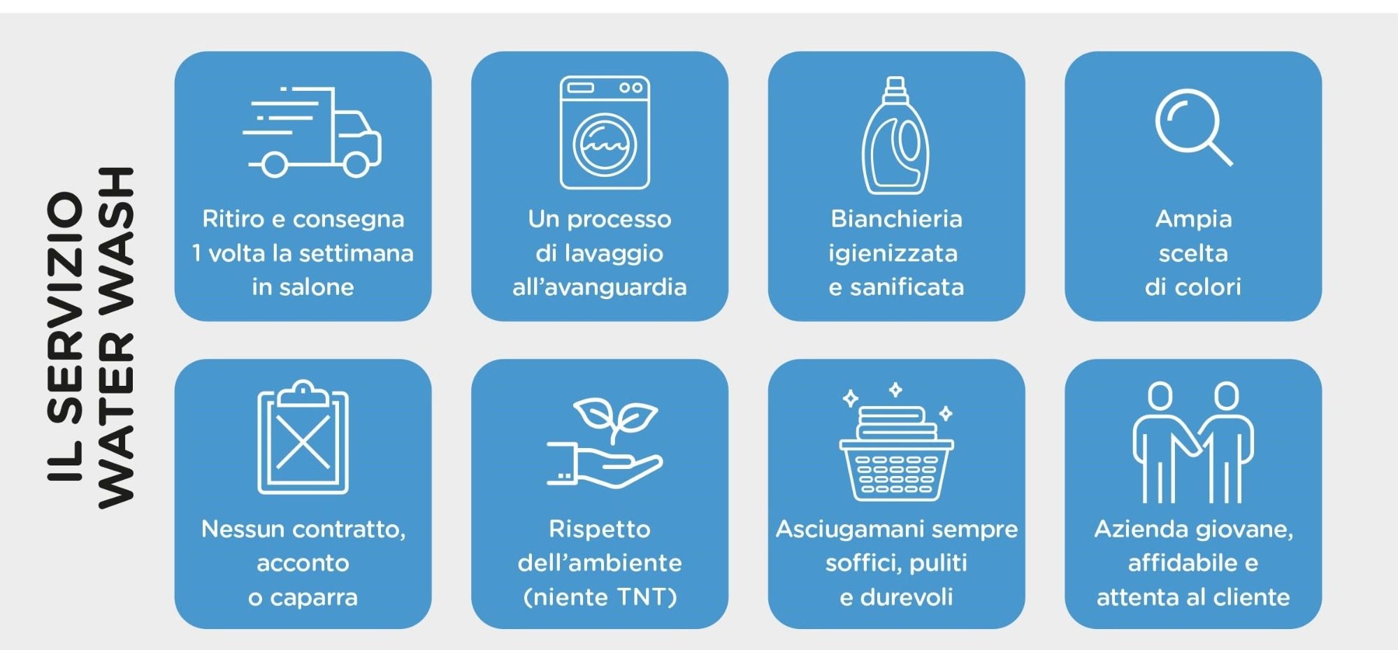 Icone che rappresentano diverse fasi del servizio Water Wash, con descrizioni brevi.